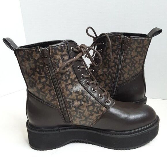 DKNY Women's Boot size 5.5M Roselyn Monogram Print Combat Faux Leather - Picture 4 of 9